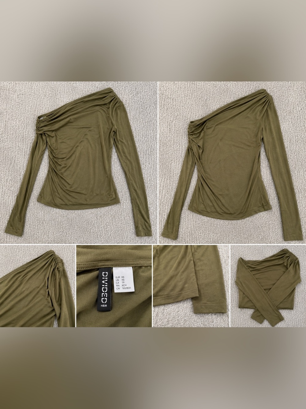 H&M Divided DRAPED ONE-SHOULDER TOP sz XS NWT Khaki green